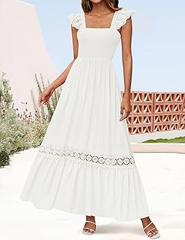 ZESICA Women's 2025 Summer Lace Strap Sleeveless Square Neck Smocked High Waist Ruffle Hollow Out... | Amazon (US)