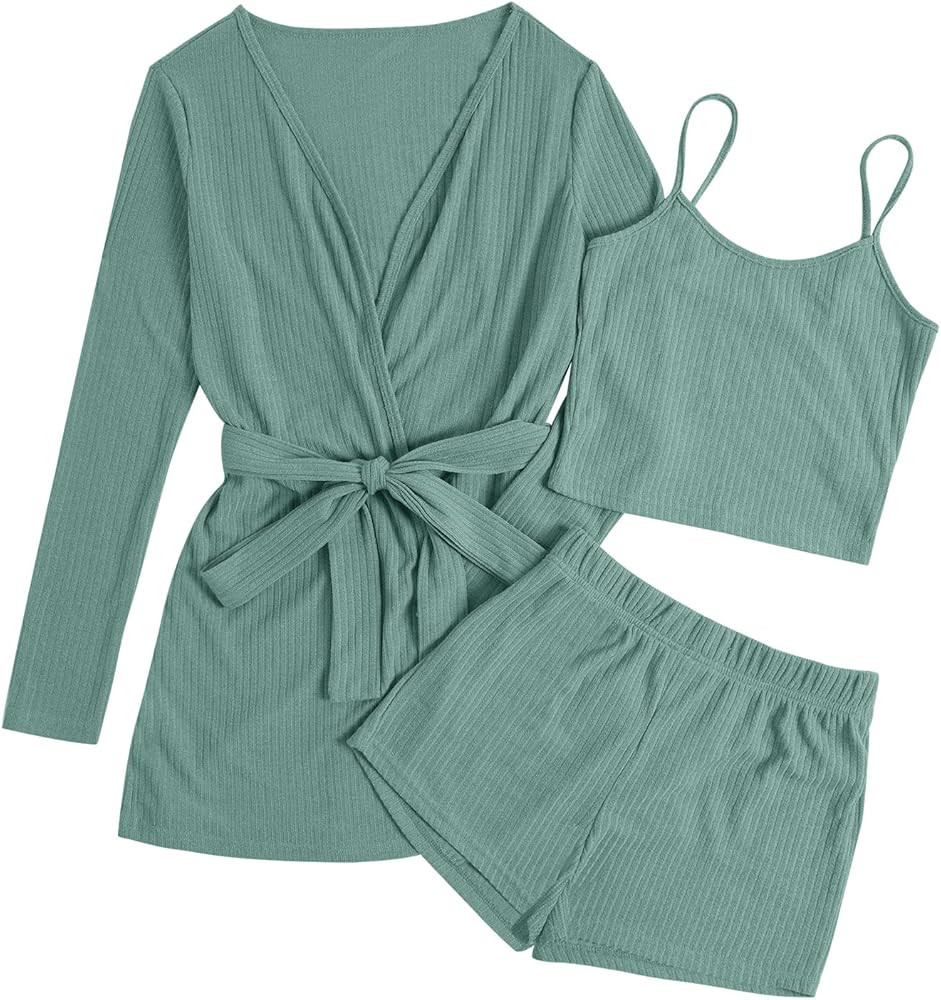 Verdusa Women's 3 Piece Cami Top & Shorts Lounge Sleepwear Pajama Set with Robe | Amazon (US)
