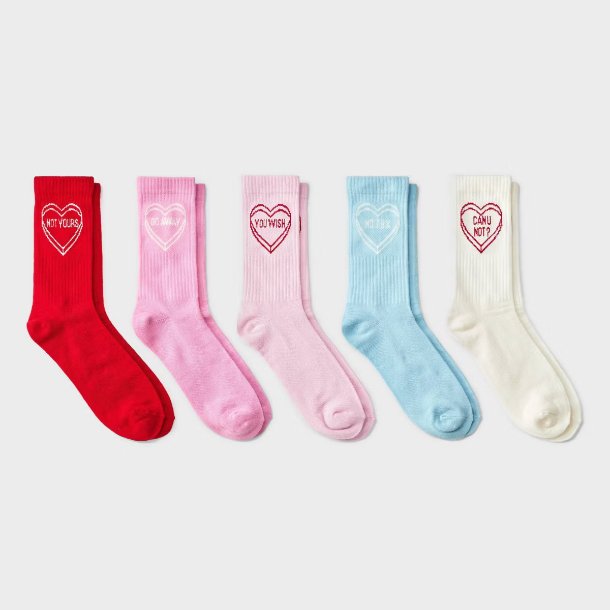 Women's 'Not Yours' Candy Heart Ribbed Valentine's Day 5pk Crew Socks - Wild Fable™ Assorted Co... | Target