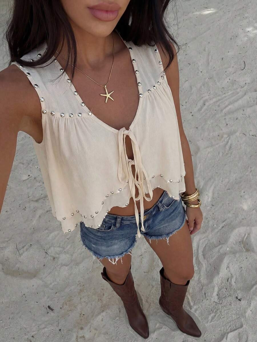 Bonvoyette Women's Summer Light Apricot Sleeveless Top, Western Cowboy Style Double Layer Irregul... | SHEIN