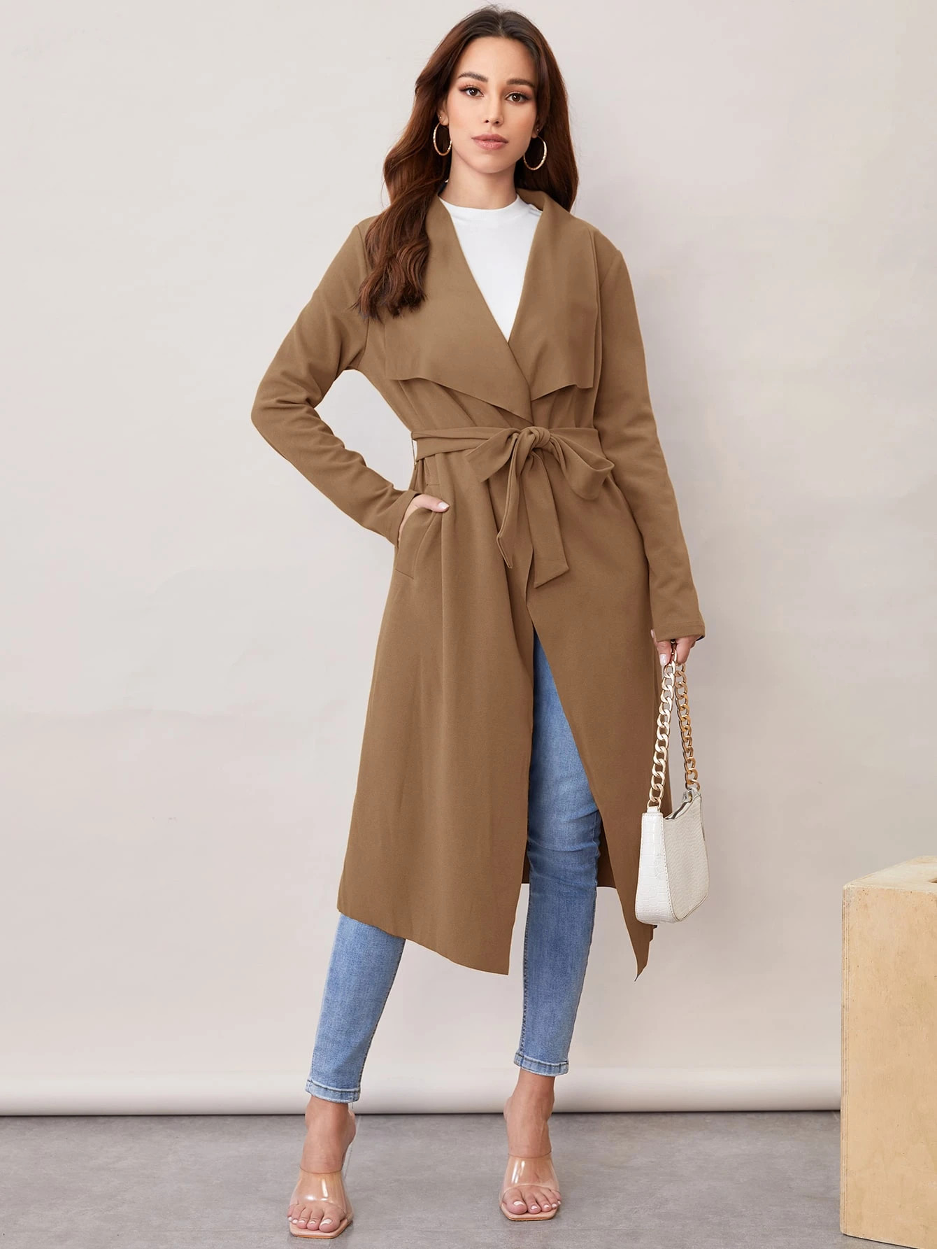 SHEIN Waterfall Collar Open Front Belted Coat | SHEIN
