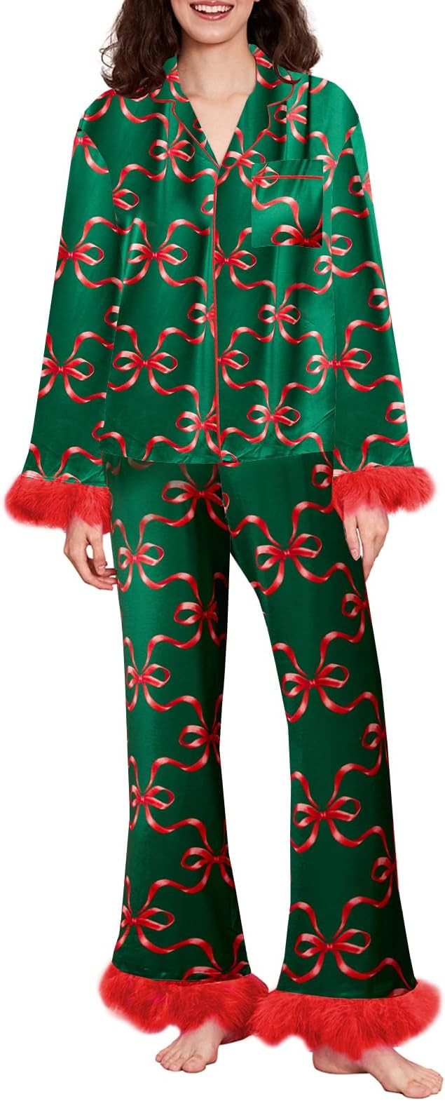 Luckinbaby Women Christmas Silk Pajamas Set Santa Print Pj Satin Long Sleeve Shirts Pants Set Fea... | Amazon (US)