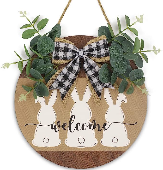 Easter Welcome Sign Front Door Decor with Bunny Rabbit Bow, Rustic Round Wooden Easter Wreath Sig... | Amazon (US)