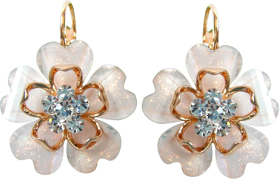Navachi 18k Gold Plated White Crystal Acetate Blooming Flowers Leverback Earrings | Amazon (US)