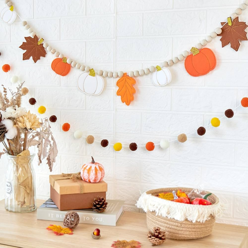 2 Pcs Fall Decorations for Home, Felt Pumpkin Leaves Garland and Wood Bead for Mantel, Felt Ball ... | Amazon (US)