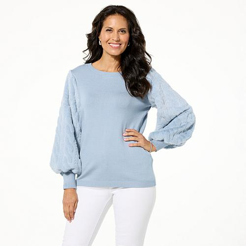 Faux Fur Sleeve Crew-Neck Knit Sweater - Blue - Size X-Large | HSN