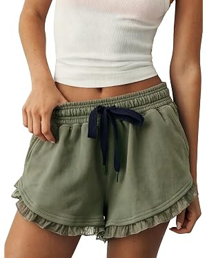 Megfie Women Ruffle Hem Lace Shorts Elastic Waist Contrast Drawstring Short | Amazon (US)