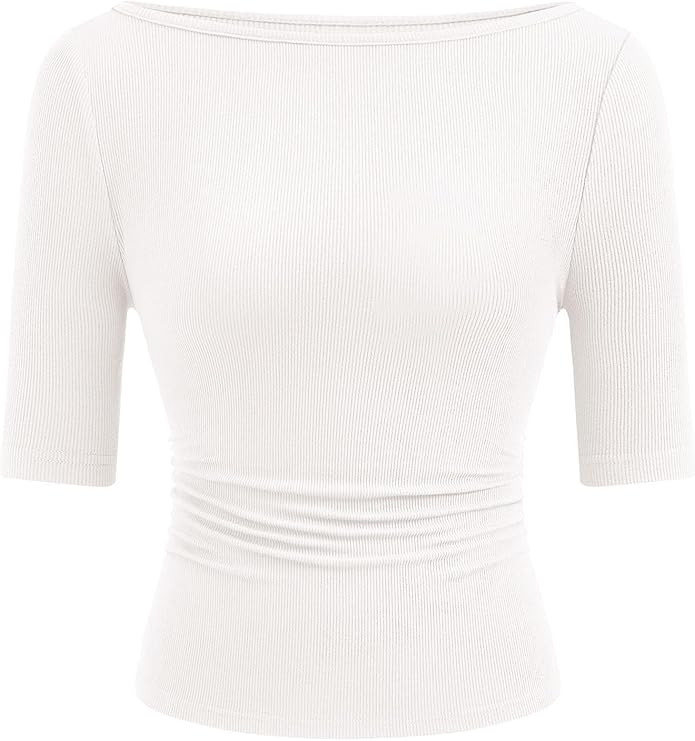 PRETTYGARDEN Womens Summer Short Sleeve Tops Boat Neck Ribbed Knit Slim Fit T Shirt Casual Basic ... | Amazon (US)