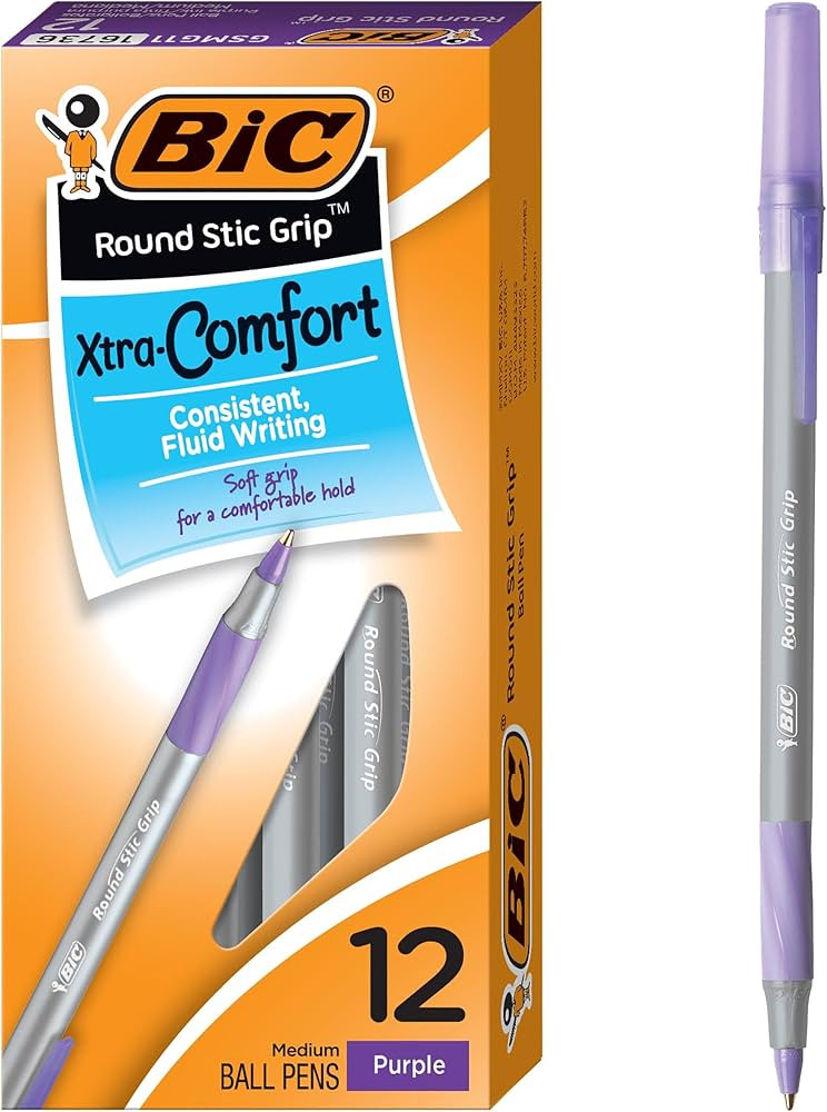 BIC Round Stic Grip Xtra Comfort Fashion Ball Point Pen; Purple; 12 Pack | Amazon (US)