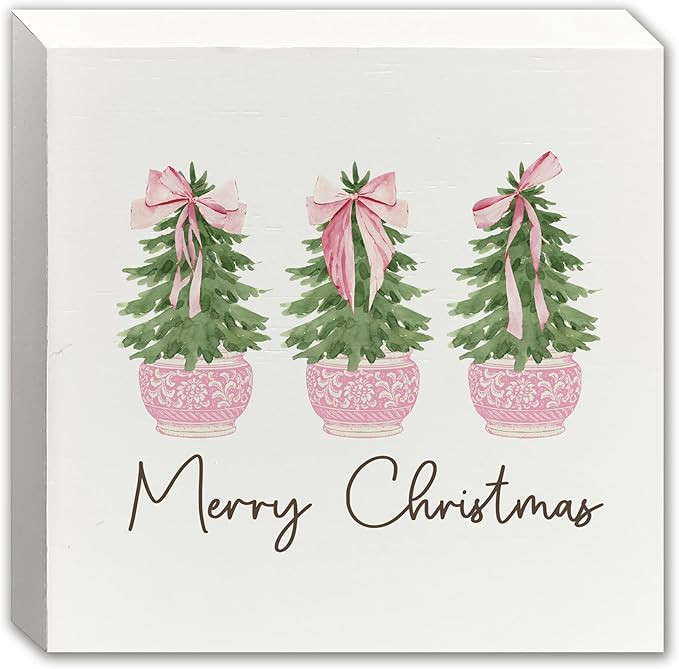 Pink Chinoiserie Christmas Tree Wood Signs, Grandmillennial Christmas Decor, Pink Coquette Bow Ch... | Amazon (US)