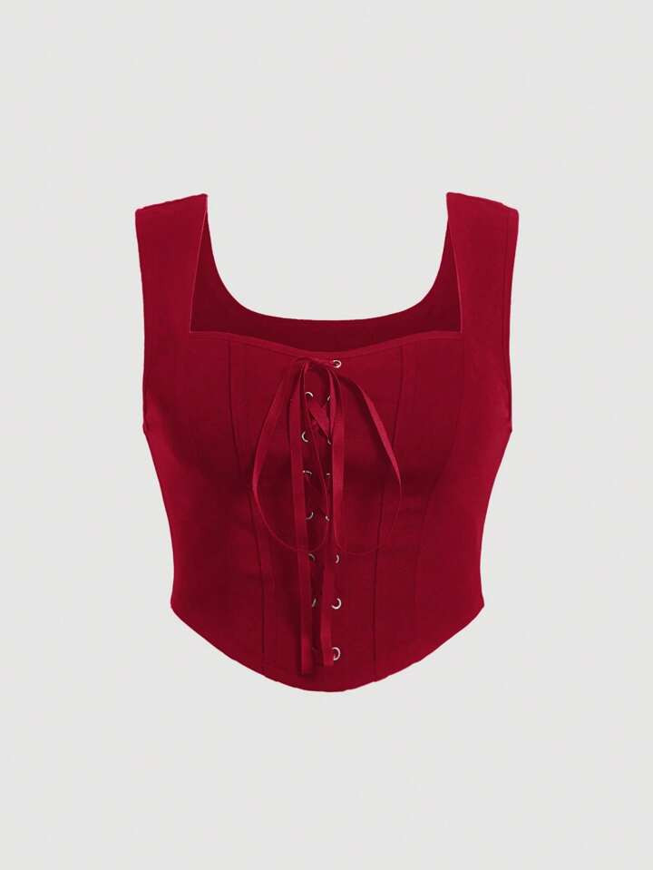 SHEIN MOD Plus Size Black 1pc Lace-Up Front Bow Tie Corset Structure Tank Top | SHEIN