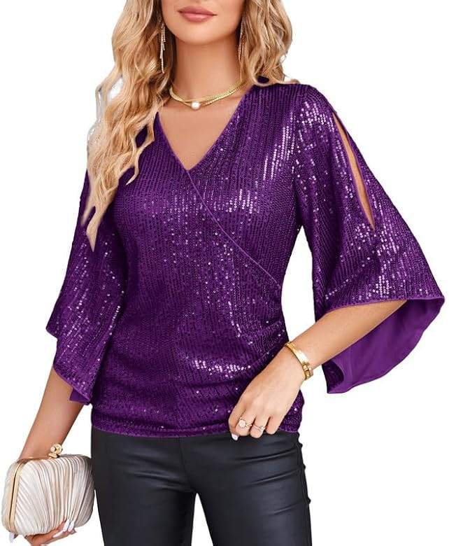 GRACE KARIN Womens Sequin Tops 3/4 Sleeve Glitter Sparkly Party Blouse V-Neck Dressy Tops for Eve... | Amazon (US)