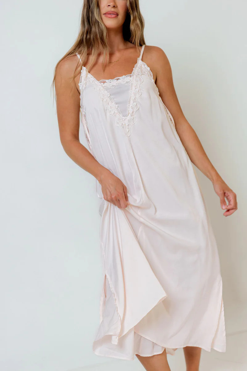Erica Lace-Trimmed Silky Maxi Dress in Blush | Worth Collective