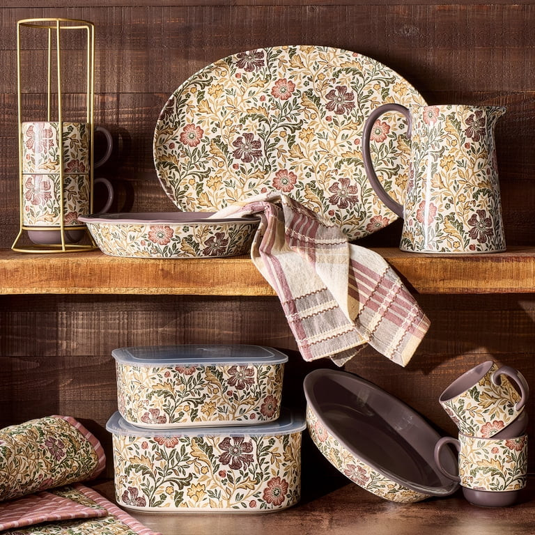 Better Homes & Gardens Edith Vine Floral 14 oz Stoneware Stacking Mugs with Metal Storage Rack, 5... | Walmart (US)