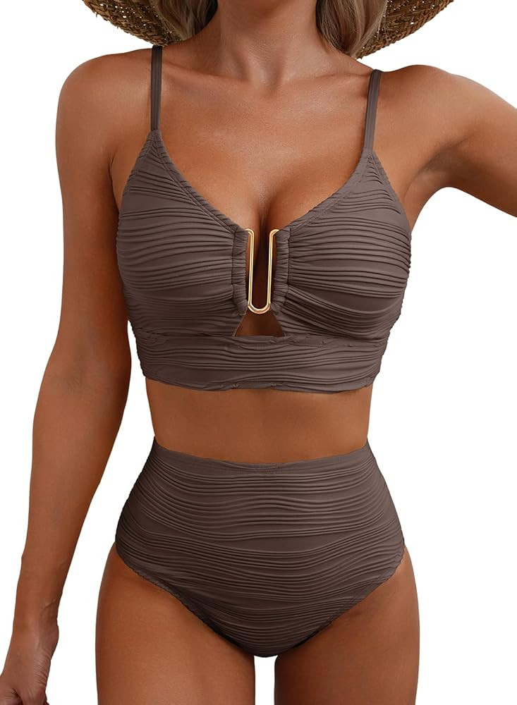 Herseas Women High Waisted U Wired Texured 2 Piece Bikini Sets | Amazon (US)