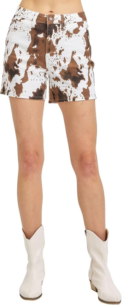 Judy Blue Chic Country Charm: High Waist Brown Cow Print Shorts - Stretchy Blend 150271- | Amazon (US)