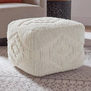Hand Woven Ivory Square PET/Cotton Pouf Ottoman | The Home Depot