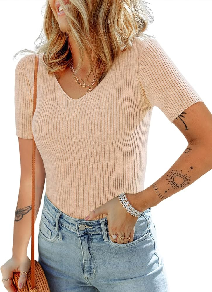 Dokotoo Womens Tops 2024 Summer Short Sleeve Slim Fit V Neck Ribbed Knit Basic Solid Color T Shir... | Amazon (US)