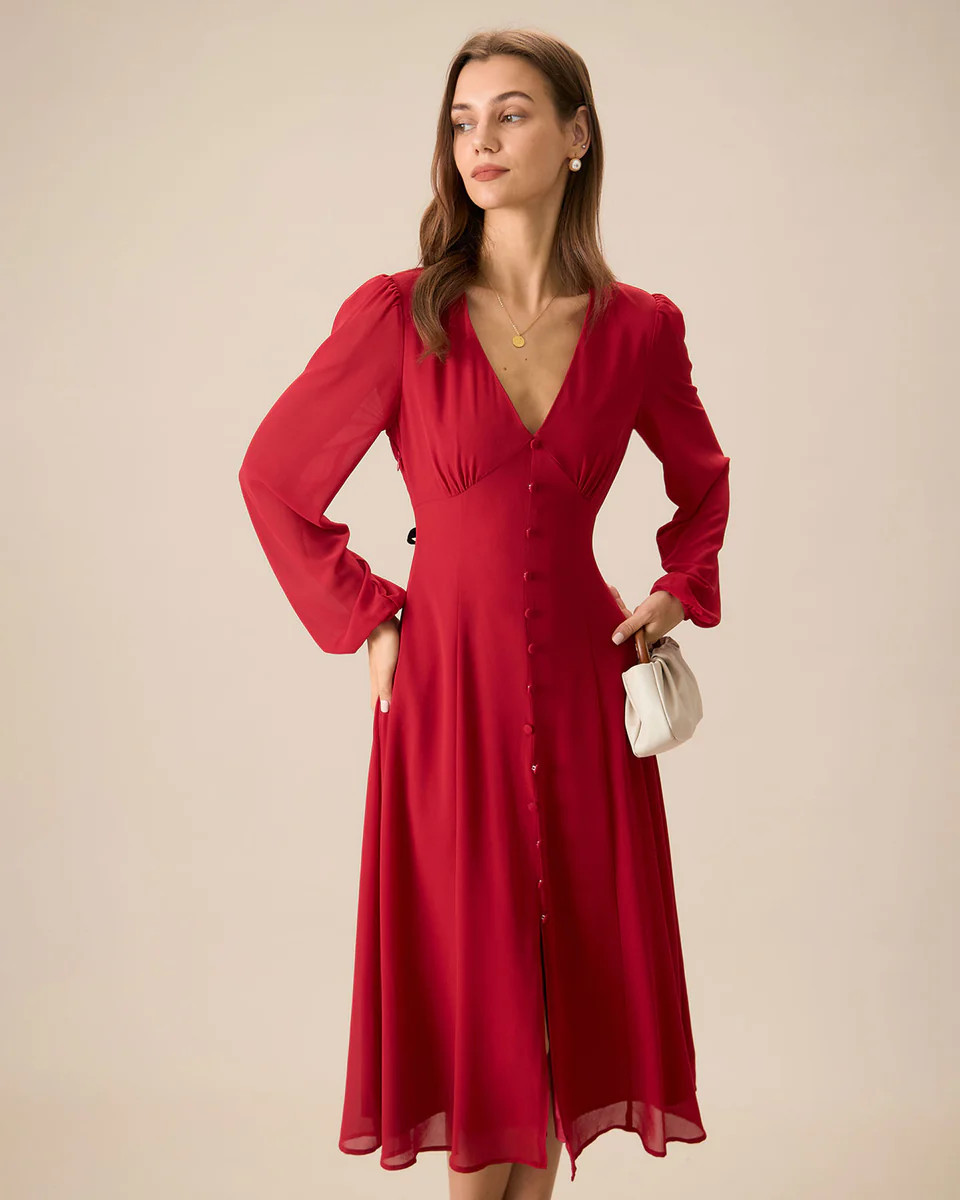 Women's Red V-Neck Puff Sleeve Slit Midi Dress | rihoas.com