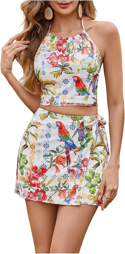 SweatyRocks Women's Tie Backless Tropical Print Halter Top and Shorts 2 Piece Vacation Outfits | Amazon (US)
