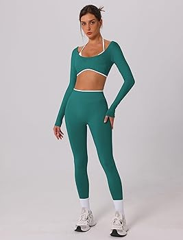 ABOCIW Workout Sets for Women Long Sleeve Crop Top Scrunch Butt Lifting High Waist Leggings 2 Pie... | Amazon (US)