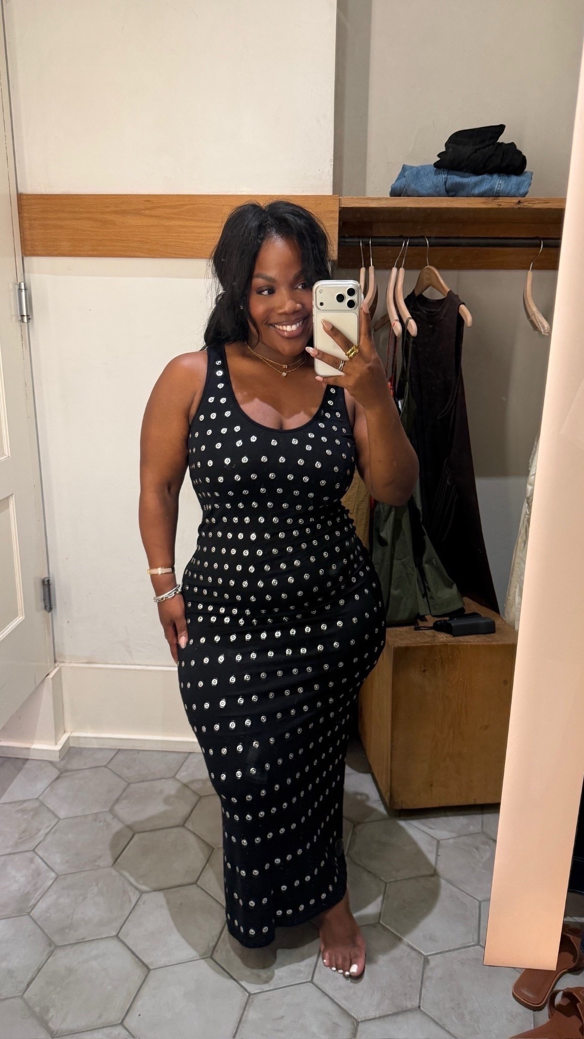Fun studded date night dress and very stretchy 🖤

I sized down to a small! 

Linking the rest of my Anthropologie try on below! 

Summer dresses, summer outfits 2026, Emmy Petit

#LTKMidsize #LTKPetite #LTKSeasonal