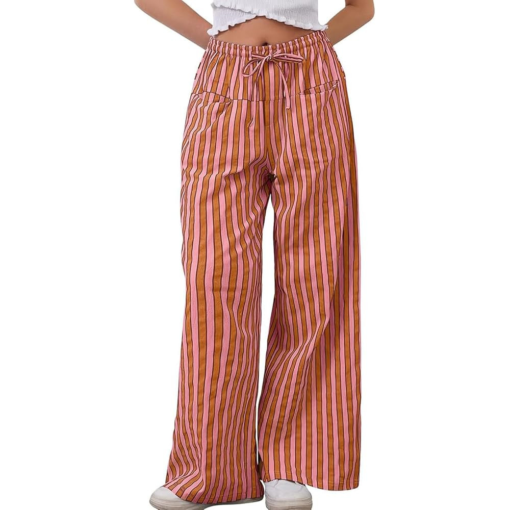 WOWULOVELY Women Casual Striped Drawstring Pants Wide Leg Pants with Pockets Elastic Trousers Loo... | Amazon (US)
