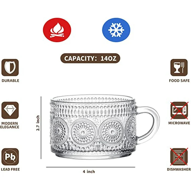 Coffee Mugs, Vintage Coffee Glass Cup, 14 Oz Set of 2 Clear Embossed Tea Cups with Two Spoons Per... | Walmart (US)