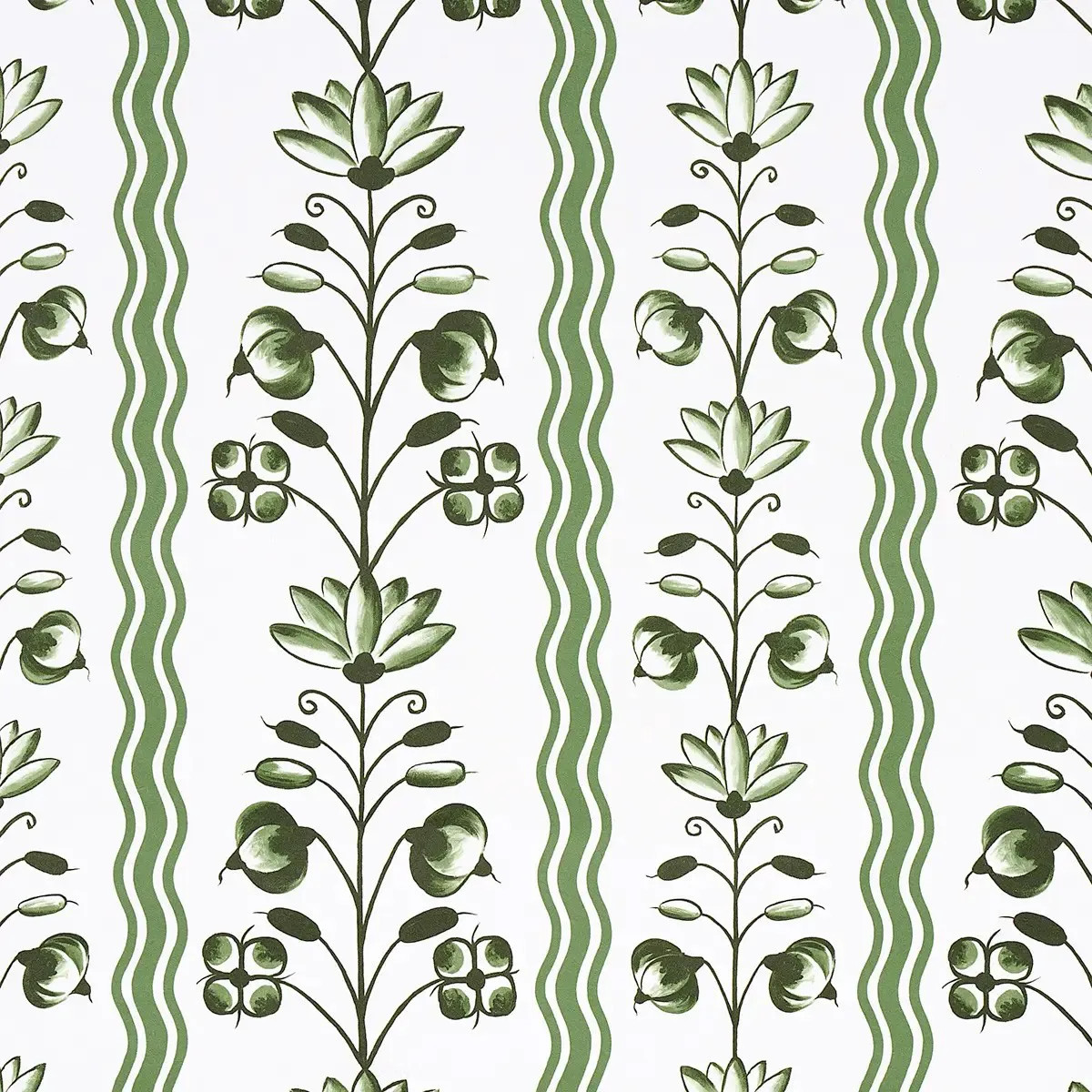Schumacher Delft Waves Traditional Green Floral Wallpaper by the Yard | Kathy Kuo Home