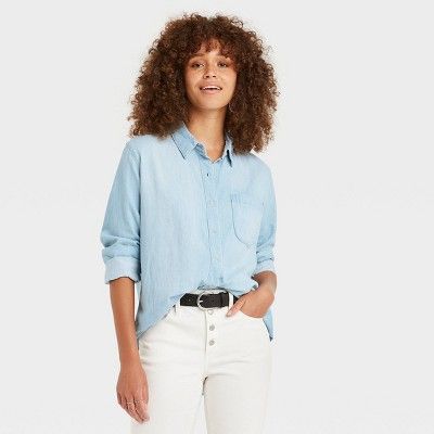Women's Long Sleeve Denim Button-Down Shirt - Universal Thread™ Blue | Target