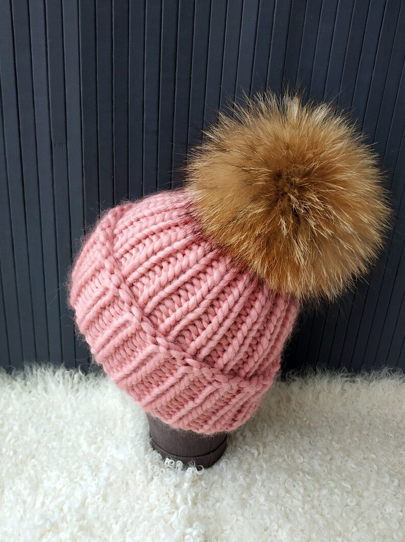 Chunky Beanie Fur Pom pom Beanie Hand Knit Hat Pink Beanie Fur | Etsy | Etsy (CAD)