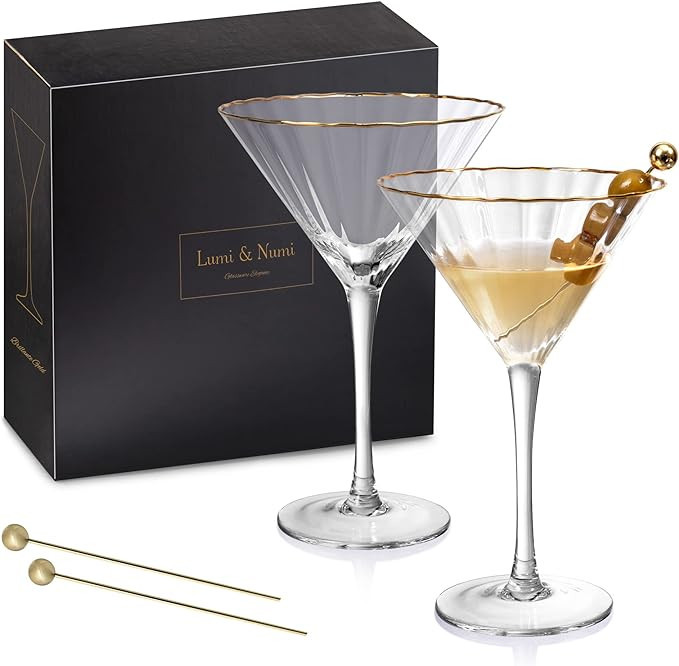 Hand Blown Martini Glasses – 24K Gold Rim - Set of 2 Cocktail Glasses and Gold-Plated Olive Pic... | Amazon (US)
