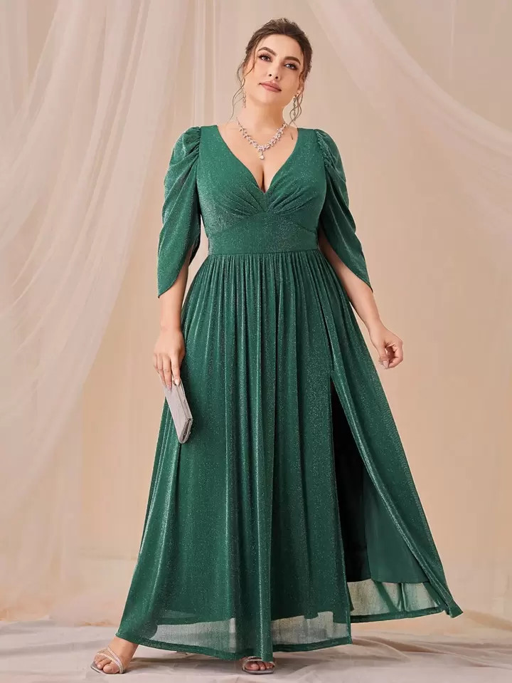 SHEIN Belle Plus Plunging Neck Puff Sleeve Split Thigh Glitter Formal Dress | SHEIN