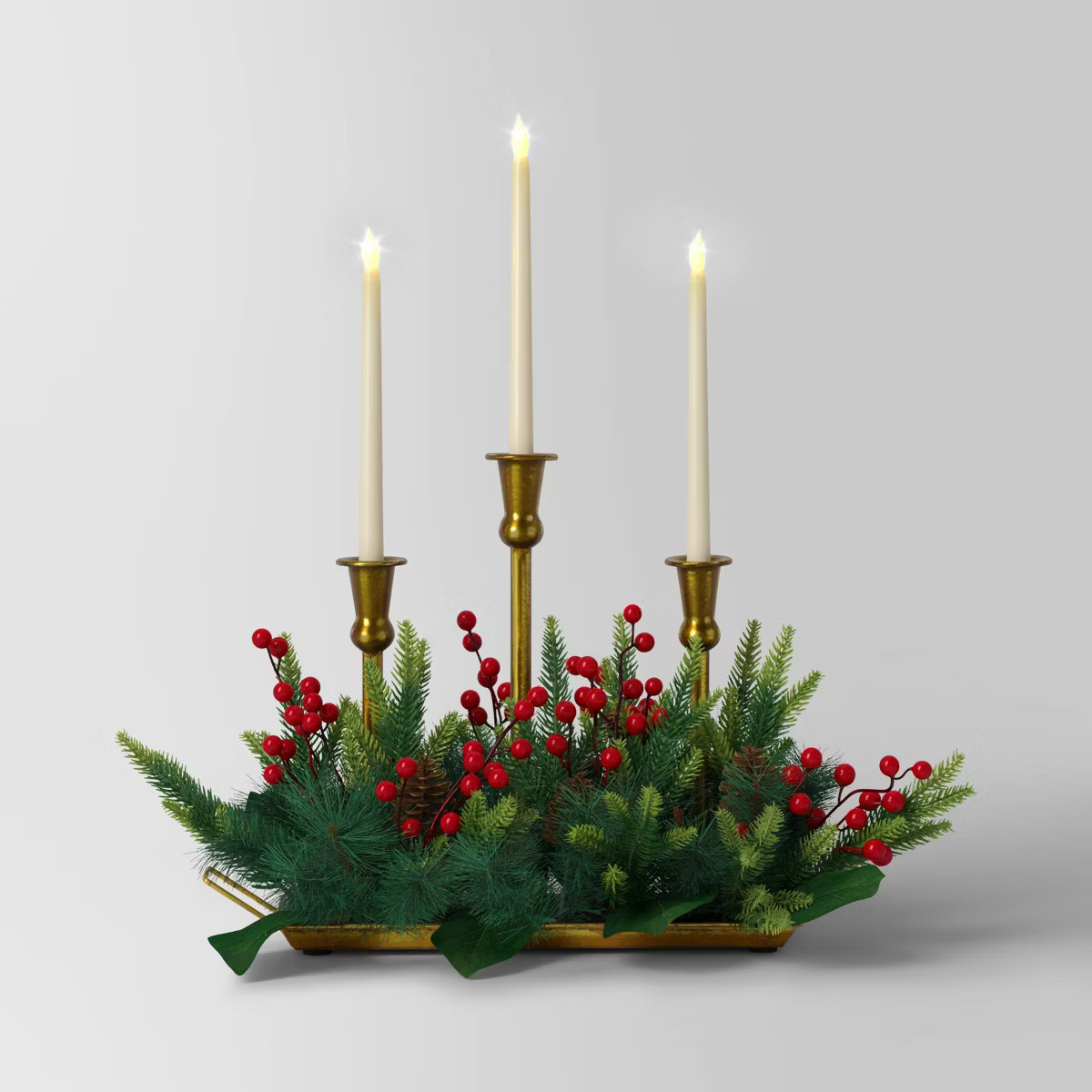 20.5"x17" 3pc Christmas Flameless Pillar Candle and Gold Holder in Wood Tray with Faux Greenery -... | Target