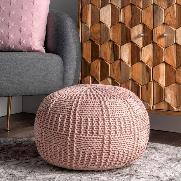 Blush Knitted Cotton Basketweave Pouf 14" H x 20" W x 20" D | Rugs USA