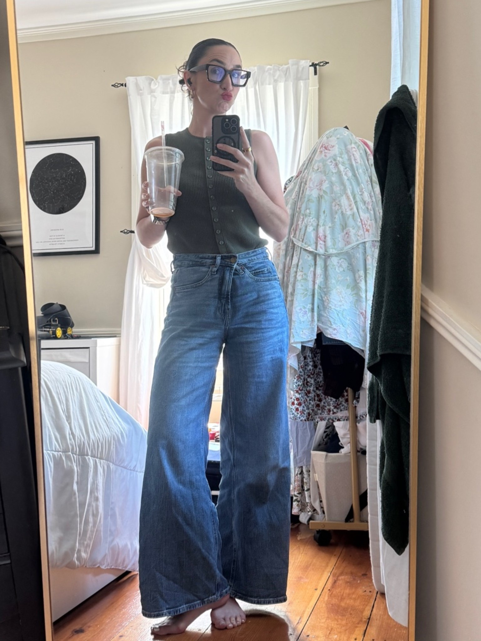 Casual Friday work outfit | high waisted wide leg jean | blue light glasses | knit sleeveless top

#LTKdayinmylife #LTKmomlife #LTKgrwm
