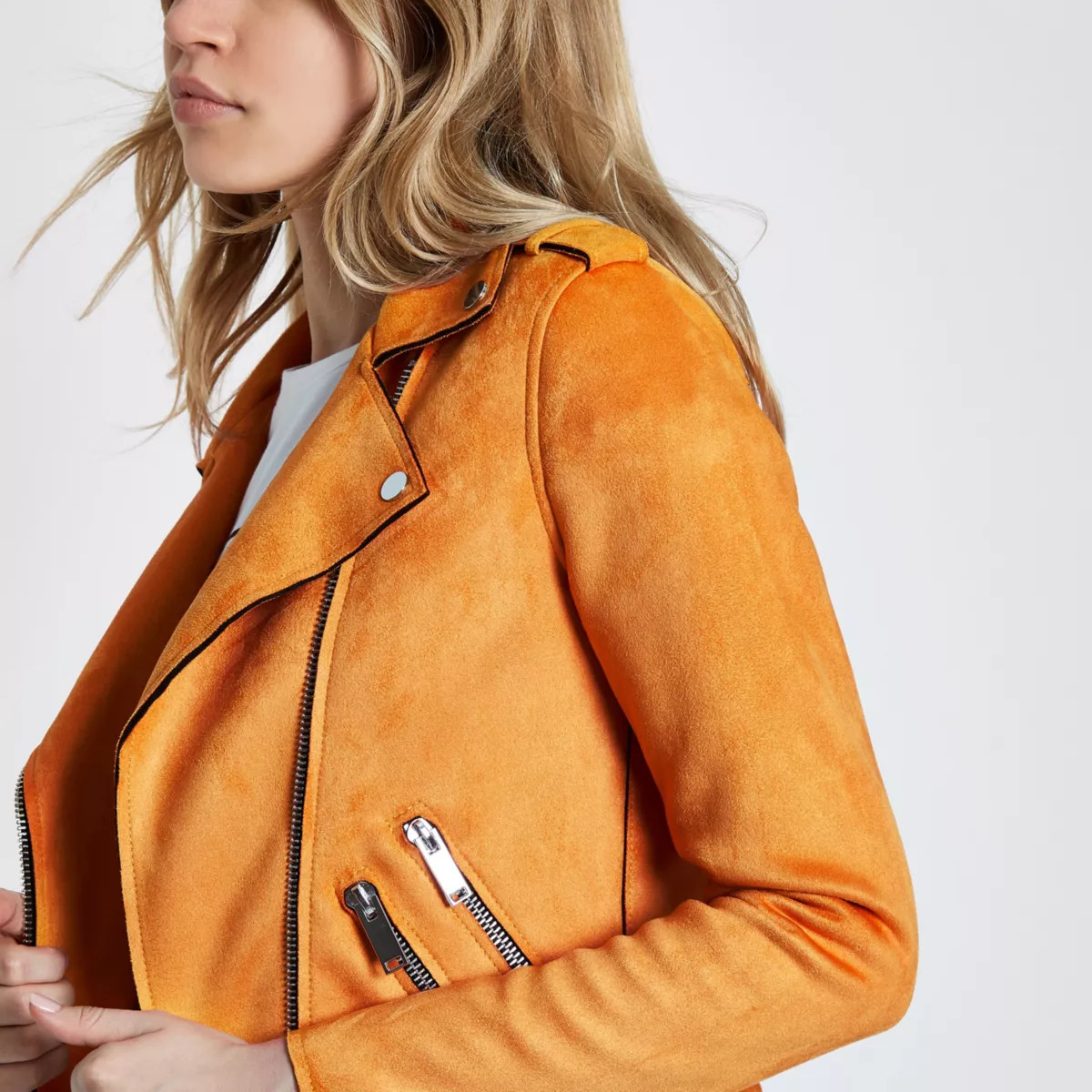 River Island Womens Orange faux suede biker jacket | River Island (UK & IE)