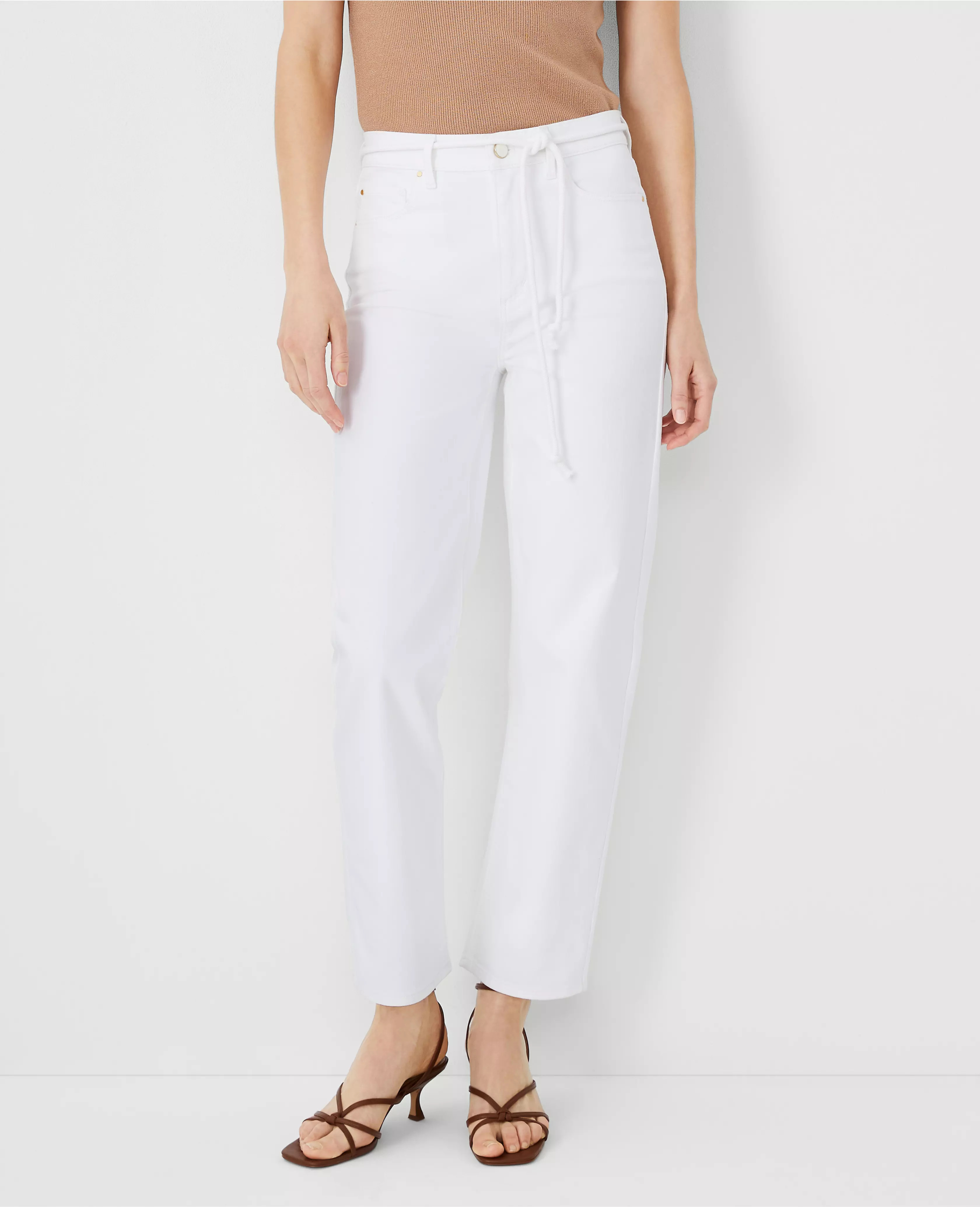 Belted Sculpting Pocket High Rise Straight Jeans in White | Ann Taylor (US)