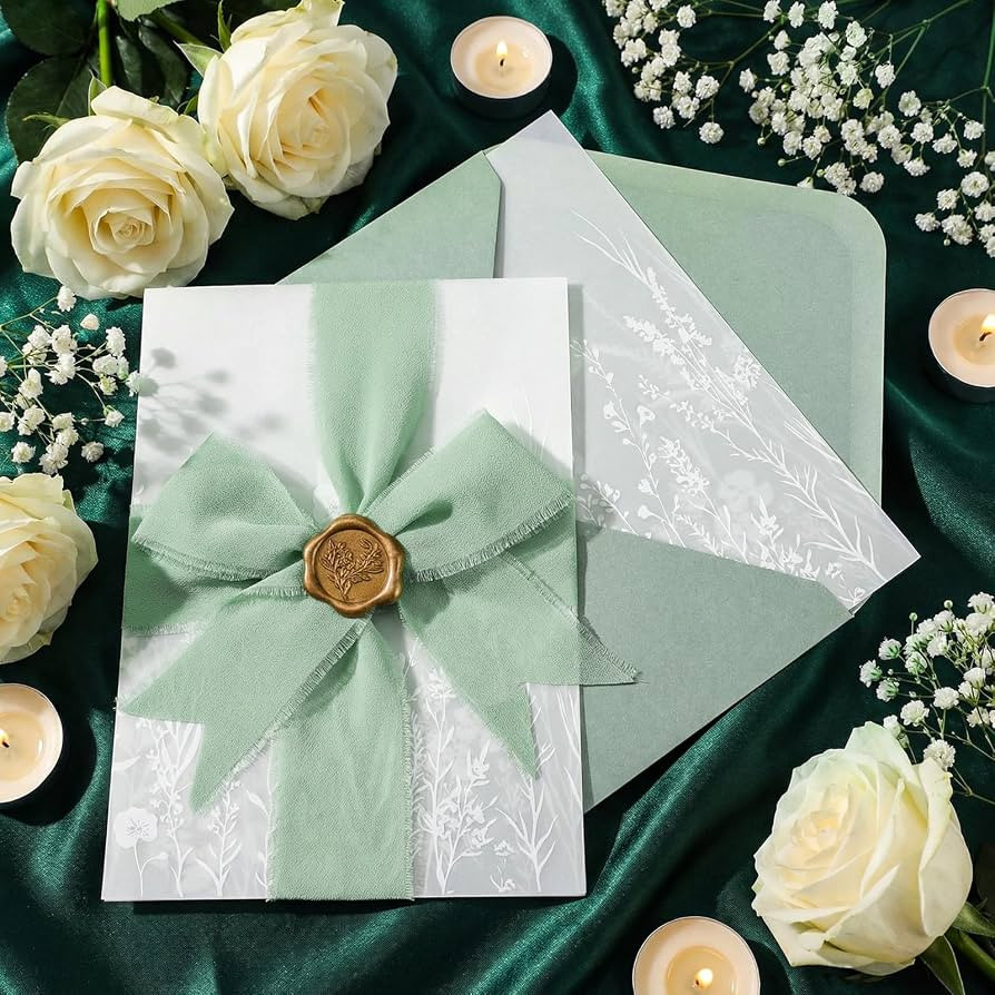 50 Set Wedding Invitation Wrap Set Pre Folded Vellum Jacket for 5x7 Invitations with Sage Green E... | Amazon (US)