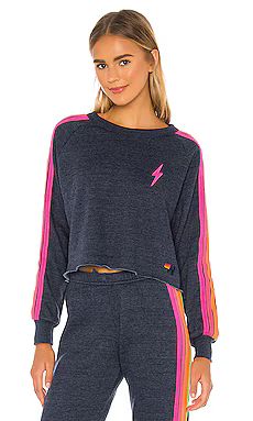 Aviator Nation Bolt Cropped Classic Crewneck in Heather Navy Neon from Revolve.com | Revolve Clothing (Global)