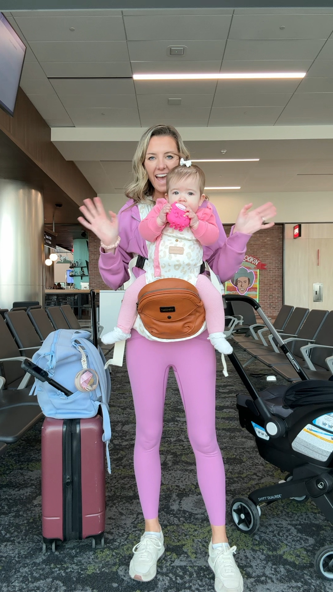Traveling with a Baby Must Have’s!

Tushbaby is one of my favorite things because it’s a fanny pack that allows you to wear baby!

Also, a stroller/car seat combination is a dream when traveling solo with a baby. I have both the Doona and Evenflo Shyft Dualride, but I tend to use the Evenflo more because it feels sturdier, but both are great options!

And LOVE my Dagne Dover diaper bag because I can throw it right in the washing machine!

Pacifier clips and a formula dispenser are a must.

Also, these ready to feed formulas are soooo nice for airplanes. We use a different formula for Lily, but I used these on every flight with Brooks and they were so convenient!!

And lastly, adding my Spanx Air Essentials favs because it’s imperative for Mom to be as comfy as possible on flights with a baby 🥰 I prefer the wide leg travel pants, which I linked here! They’re literally soft as butter, you won’t regret them 🙌🏻