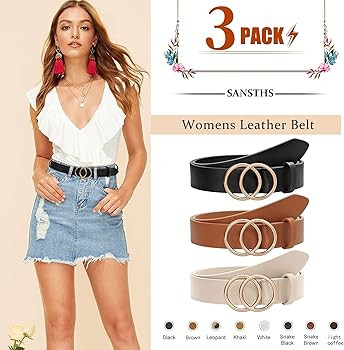 SANSTHS 2 Pack Women Leather Belts Faux Leather Jeans Belt with Double O-Ring Buckle Size up to 5... | Amazon (US)
