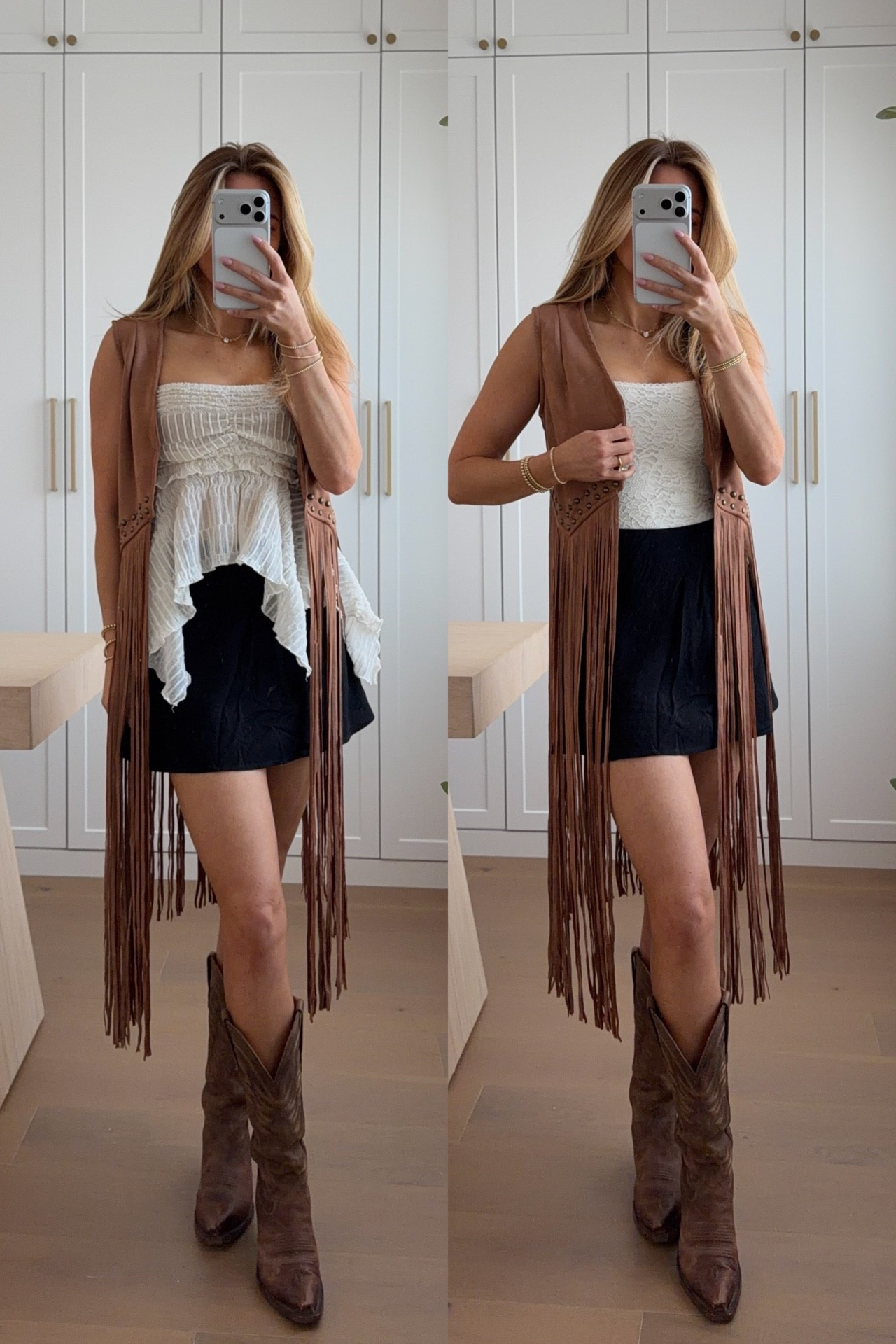 fringe vest: xs // skort: xs // tube top: xs // lace tank: xs — dressing up this amazon fringe vest for a country concert 🤠🎸🎶
