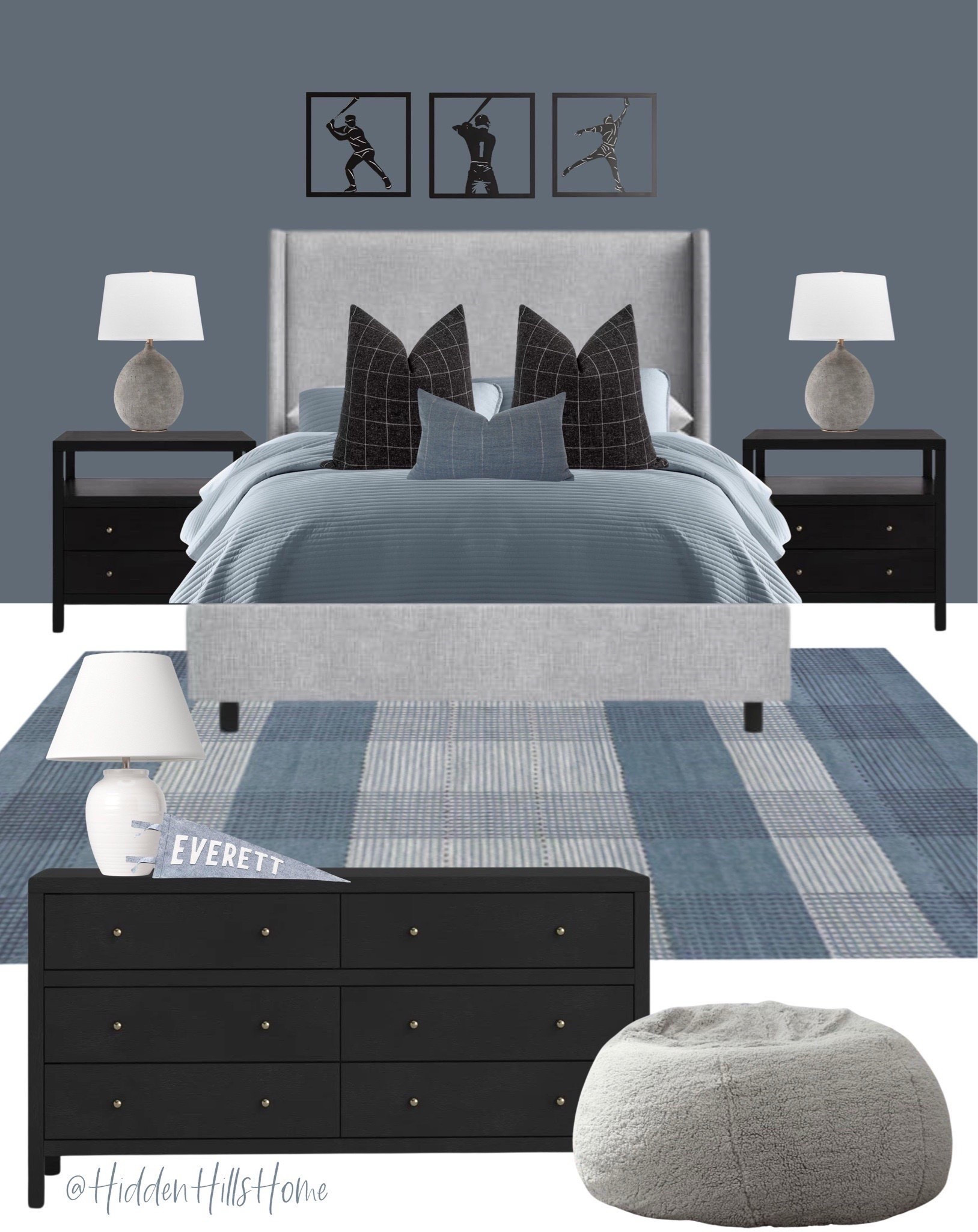 Teen boys bedroom decor mood board, boys room decor ideas, teen boys room Inspo, boys bedroom design with blue accent wall #boysbedroom
Wall color is SW Granite Peak 


#LTKHome #LTKGiftGuide #LTKKids