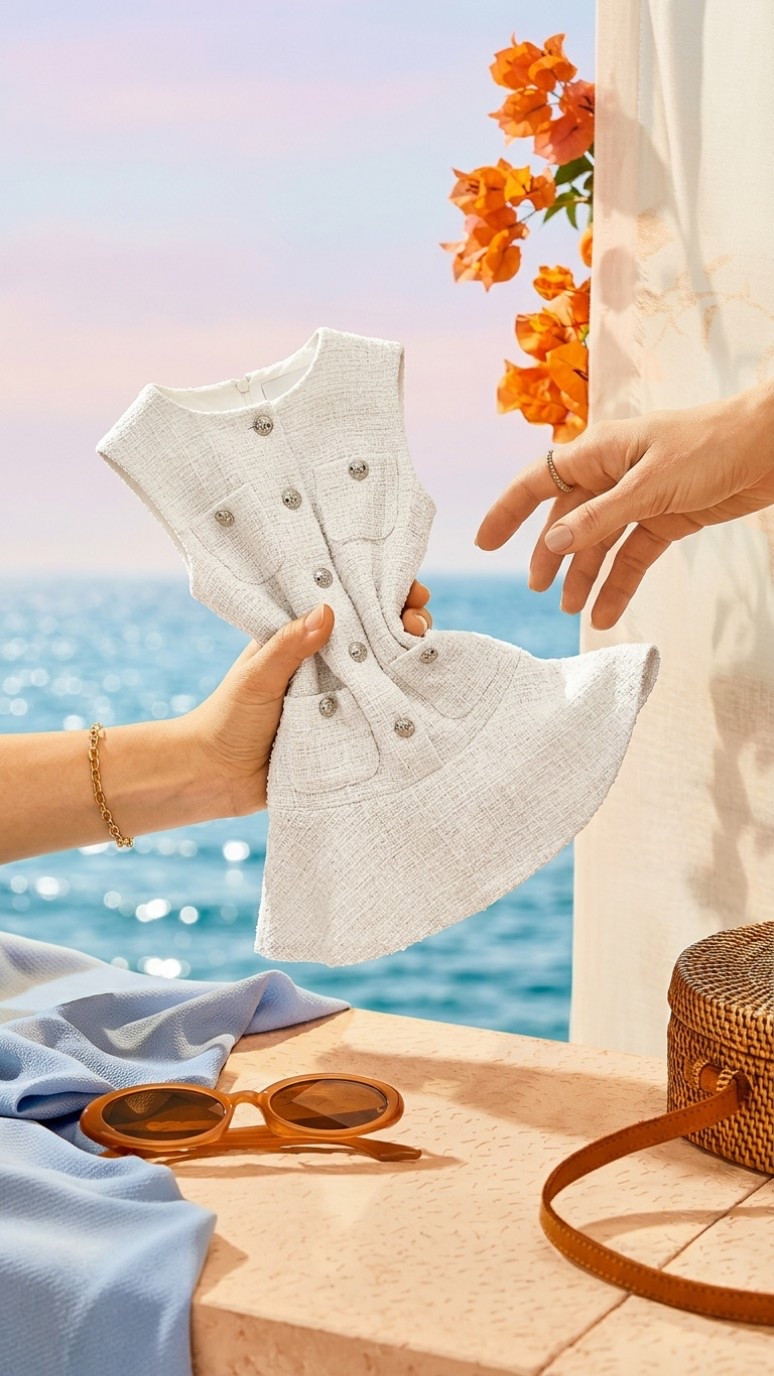 Resort-wear receives a structured upgrade through the use of heavy-weight bouclé and metallic hardware. A white tweed mini provides a tactile, "retro-futurist" vibe that stands out against a Mediterranean backdrop. It’s the perfect example of how classic textiles can be modernized through sharp silhouettes and intentional, tonal accessorizing.

When styling for a getaway, look for pieces that bridge the gap between beachside ease and sunset sophistication. Pairing structured fabrics with organic textures—like a woven bag and warm amber sunnies—creates a balanced visual dialogue. It’s about being vacation-ready without sacrificing the polished, authority-driven aesthetic of the Gloss Bureau.
#ResortStyle #TweedMini #SummerEditorial