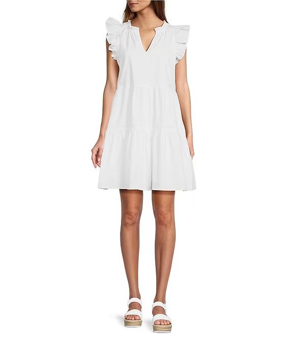 Split V-Neck Ruffle Cap Sleeve Tiered Poplin Mini Dress | Dillard's