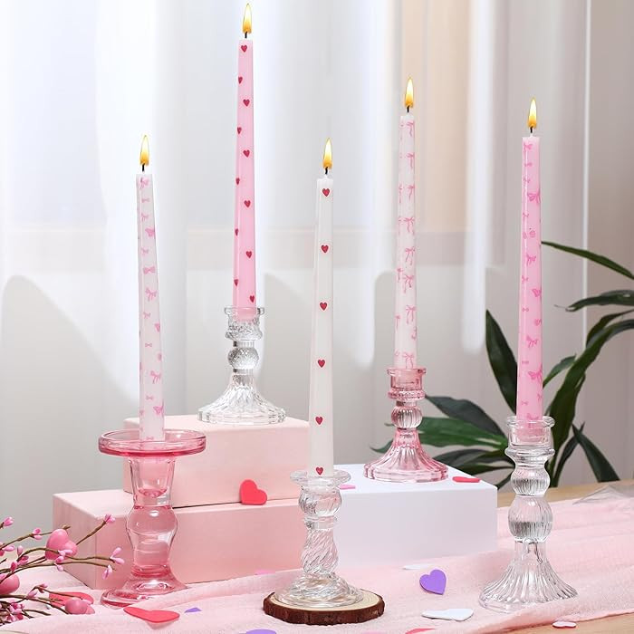 Bokon 10 Pcs Valentines Day Taper Candles with Candlestick Holders Pink Bow Heart Coquette Taper ... | Amazon (US)