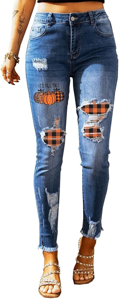 EVALESS High Rise Ripped Jeans for Women Slim Fit Raw Hem Jeans Boyfriend Stretch Skinny Denim Jeans | Amazon (US)