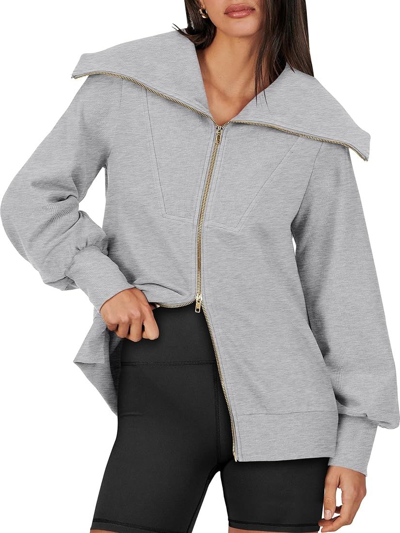 Caracilia Womens Zip Up Sweatshirt Oversized Hoodies Sweater Cute Casual Outfits Top 2023 Fall Wi... | Amazon (US)