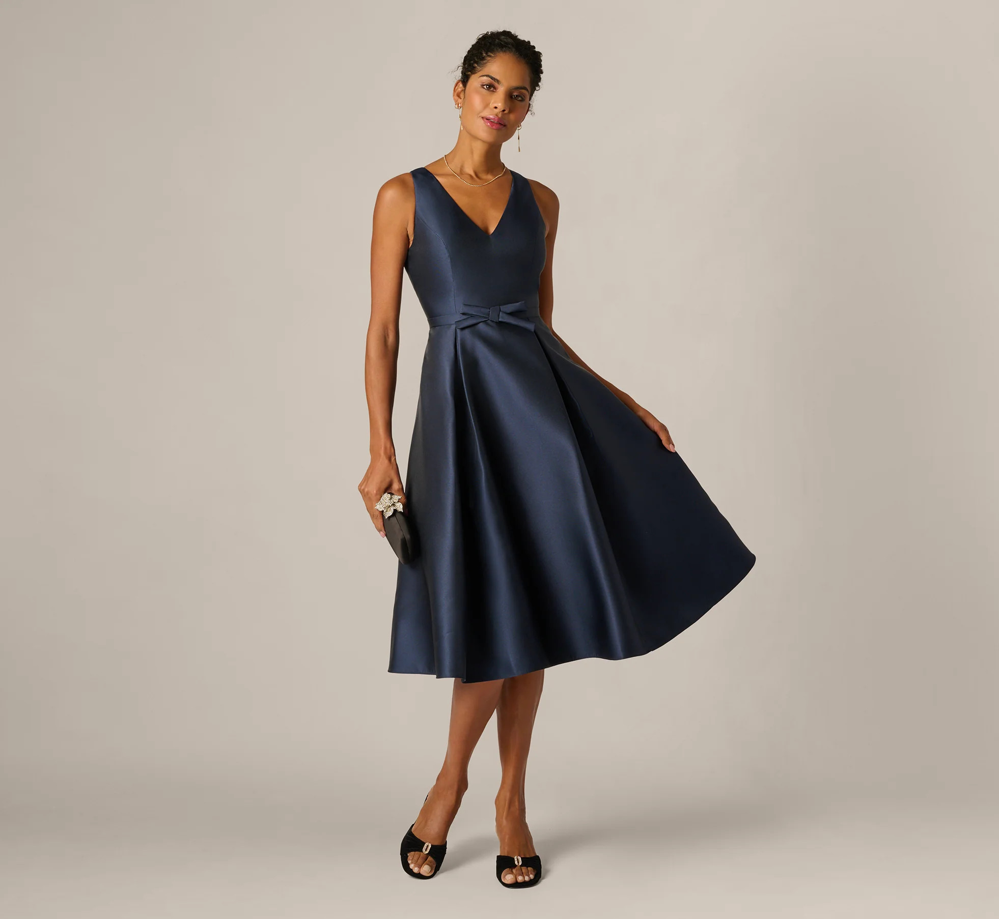 Navy Mikado Bow Waist Fit And Flare Midi Dress - Adrianna Papell | Adrianna Papell